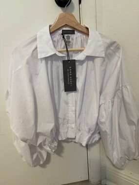 Sans Souci White Puff-Sleeve Cropped Button-Up Top